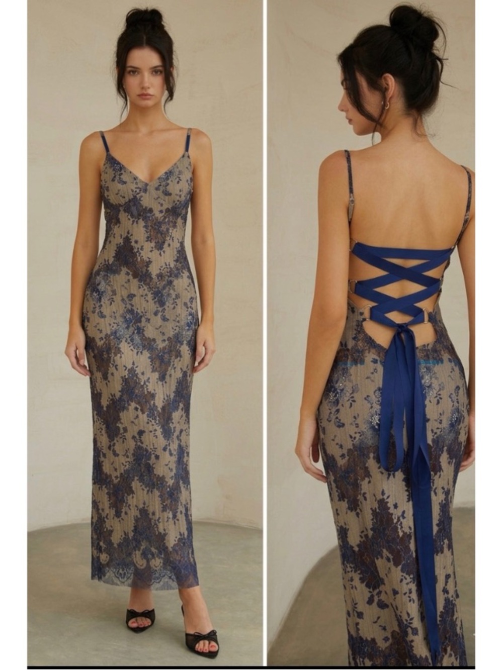 Commense Semi-Sheer Lace Midnight Garden Romance Lace Up Maxi Slip Blue Dress S